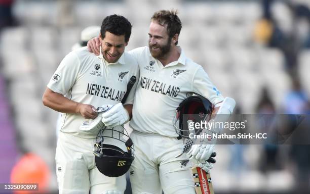 Ross Taylor and Kane Williamson of New Zealand celebrates after winning the ICC World Test Championship Final between India and New Zealand at The...