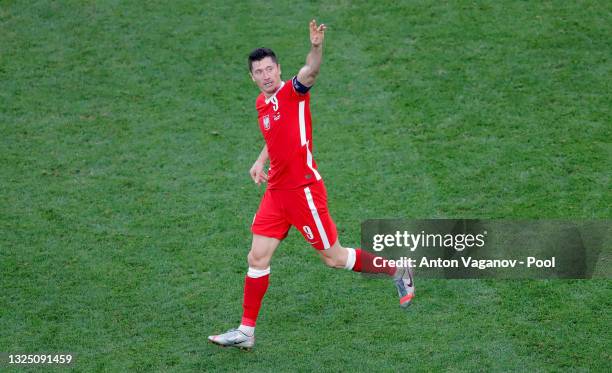 Robert Lewandowski of Poland celebrates after scoring their side's second goal during the UEFA Euro 2020 Championship Group E match between Sweden...