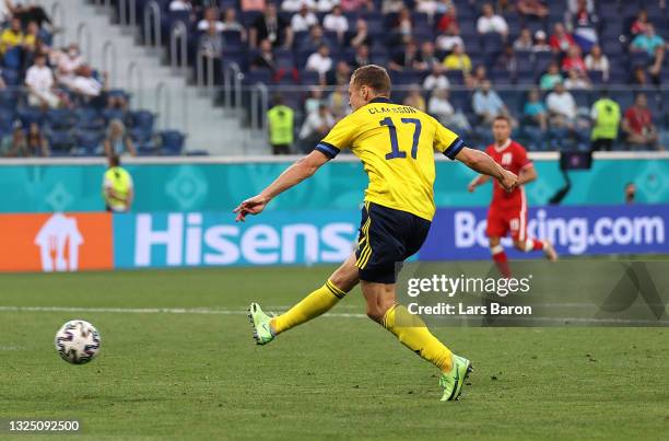 Viktor Claesson of Sweden scores their side's third goal during the UEFA Euro 2020 Championship Group E match between Sweden and Poland at Saint...
