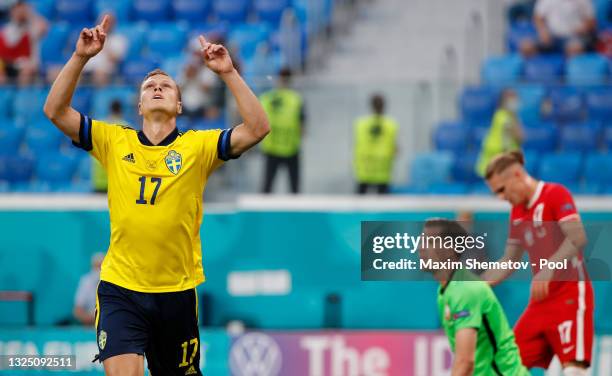 Viktor Claesson of Sweden celebrates after scoring their side's third goal during the UEFA Euro 2020 Championship Group E match between Sweden and...