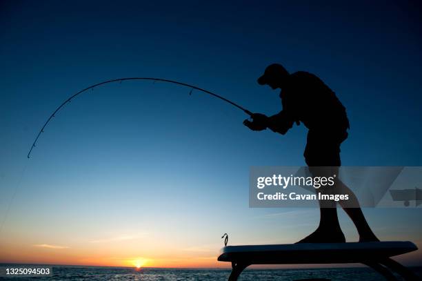 a man fishing in florida is silhouetted against a sunset. - sunrise fort lauderdale stock pictures, royalty-free photos & images