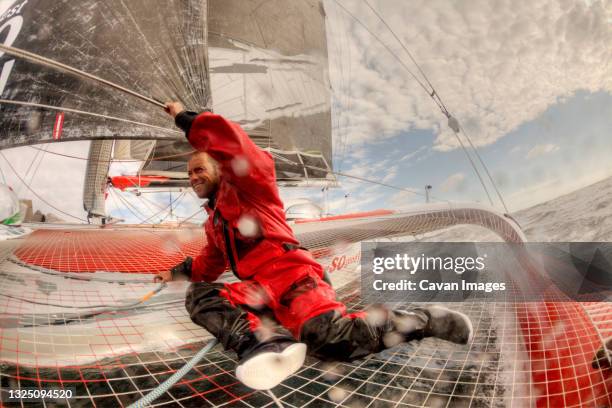 man during sea trial between la trinite sur mer to brest. - catamarán fotografías e imágenes de stock