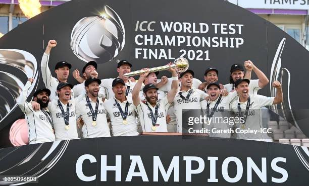 New Zealand celebrate winning the ICC World Test Championship Final between India and New Zealand at The Ageas Bowl on June 23, 2021 in Southampton,...