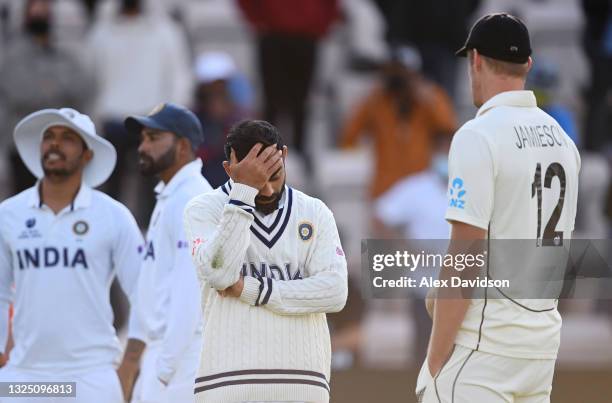 Virat Kohli of India talks to Kyle Jamieson after the Reserve Day of the ICC World Test Championship Final between India and New Zealand at The...