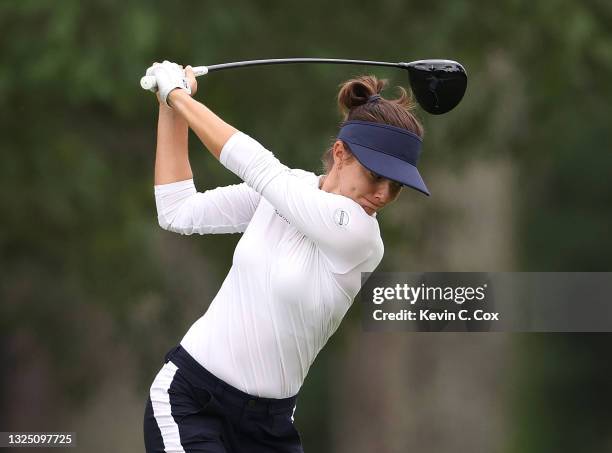 Klara Spilkova of the Czech Republic tees off the 14th hole during a practice round for the KPMG Women's PGA Championship at Atlanta Athletic Club on...