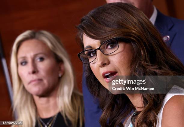 Rep. Lauren Boebert speaks during a press conference at the U.S. Capitol June 23, 2021 in Washington, DC. Boebert announced she has introduced a...