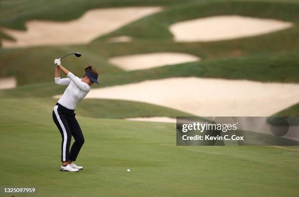 Klara Spilkova of the Czech Republic plays a shot on the 14th hole during a practice round for the KPMG Women's PGA Championship at Atlanta Athletic...