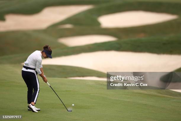 Klara Spilkova of the Czech Republic plays a shot on the 14th hole during a practice round for the KPMG Women's PGA Championship at Atlanta Athletic...