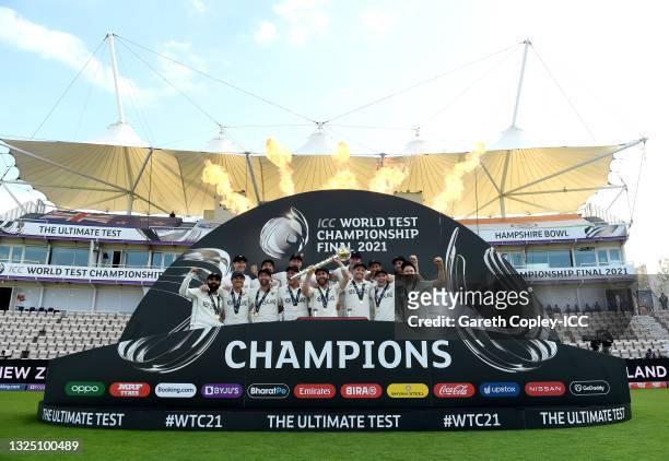 New Zealand celebrate winning the ICC World Test Championship Final between India and New Zealand at The Ageas Bowl on June 23, 2021 in Southampton,...