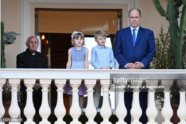 Princess Gabriella of Monaco, Prince Jacques of Monaco and Prince Albert II of Monaco attend the Fete de la Saint Jean on June 23, 2021 in...