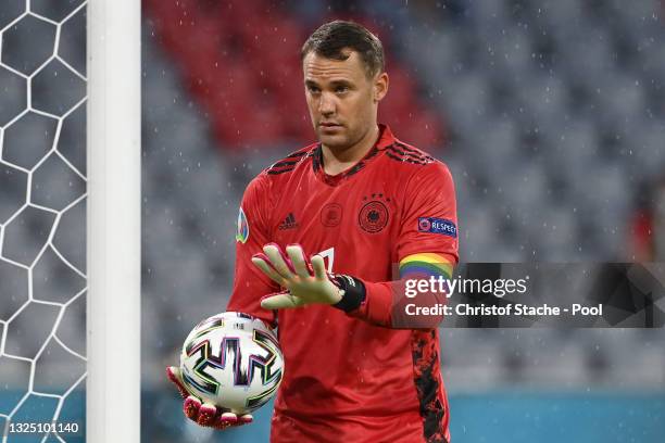 Manuel Neuer of Germany reacts as he wears a rainbow armband during the UEFA Euro 2020 Championship Group F match between Germany and Hungary at...