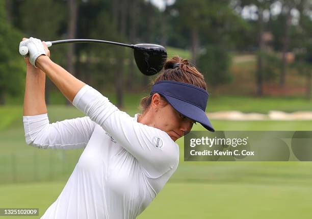 Klara Spilkova of the Czech Republic tees off the 16th hole during a practice round for the KPMG Women's PGA Championship at Atlanta Athletic Club on...