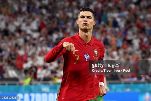 Cristiano Ronaldo of Portugal celebrates after scoring their side's first goal during the UEFA Euro 2020 Championship Group F match between Portugal...