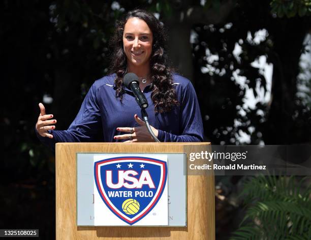 Team captain Maggie Steffens speaks during the United States Women's Water Polo Olympic Team Announcement at Kyoto Gardens on June 23, 2021 in Los...