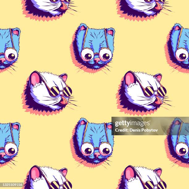 cartoon vector seamless pattern - funny cat heads with glasses. - cat sunglasses stock illustrations