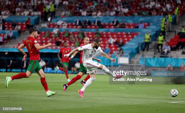 Karim Benzema of France scores their side's second goal during the UEFA Euro 2020 Championship Group F match between Portugal and France at Puskas...