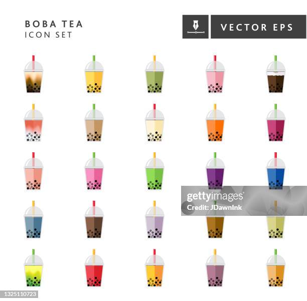 bubble or boba tea flavors full color icon set on white background - tapioca tea stock illustrations