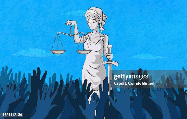 demanding justice for all - blindfold stock illustrations