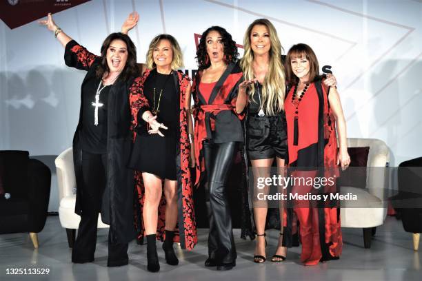 Isabel Lascurain, Ilse Olivo, Fernanda Meade, Irma "Mimi" Hernández and Mayté Lascurain of the groups Flans and Pandora pose for a photo during the...