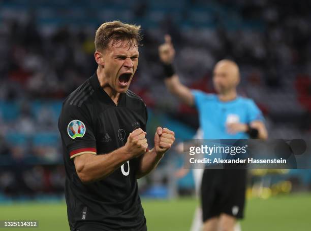 Joshua Kimmich of Germany celebrates their side's second goal scored by team mate Leon Goretzka during the UEFA Euro 2020 Championship Group F match...