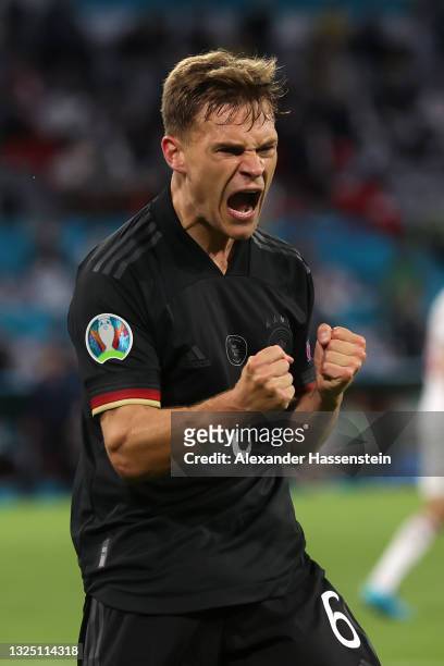 Joshua Kimmich of Germany celebrates their side's second goal scored by team mate Leon Goretzka during the UEFA Euro 2020 Championship Group F match...