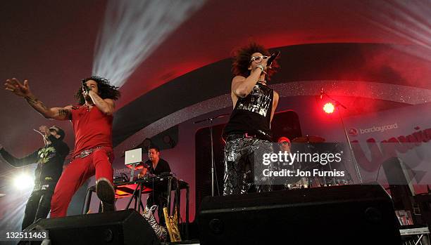 SkyBlu and Redfoo of LMFAO perform at the Barclaycard Unwind Stage during Wireless Festival 2011 at Hyde Park on July 2, 2011 in London, England.