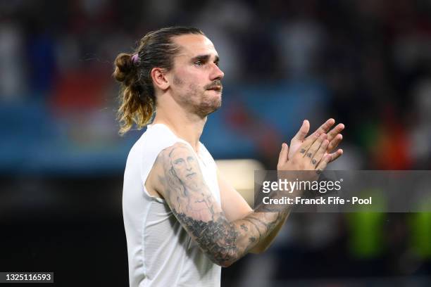 Antoine Griezmann of France applauds the fans following the UEFA Euro 2020 Championship Group F match between Portugal and France at Puskas Arena on...