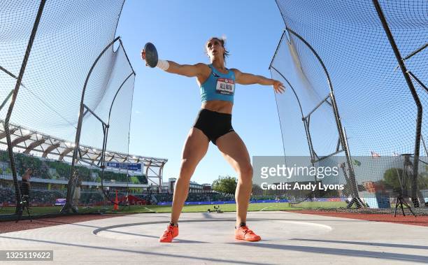 Valarie Allman competing in the Women's Discus Throw Final on day 2 of the 2020 U.S. Olympic Track & Field Team Trials at Hayward Field at Hayward...