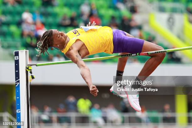 JuVaughn Harrison of the LSU Tigers competes in the high jump during the Division I Men's and Women's Outdoor Track & Field Championships held at...