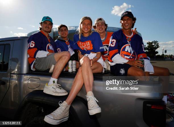 Fans tailgate outside the arena prior to Game Six of the Stanley Cup Semifinals during the 2021 Stanley Cup Playoffs between the Tampa Bay Lightning...