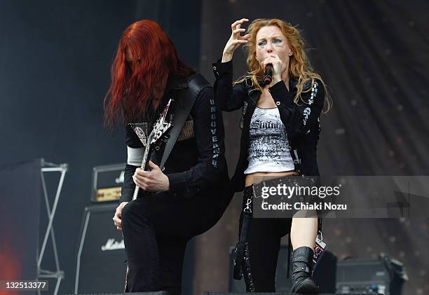 Michael Amott and Angela Gossow of Arch Enemy perform on day three of the Sonisphere festival at Knebworth House on July 10, 2011 in Stevenage,...