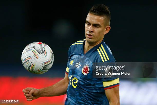 Rafael Santos Borre of Colombia controls the ball during a Group B match between Brazil and Colombia as part of Copa America Brazil 2021 at Estadio...