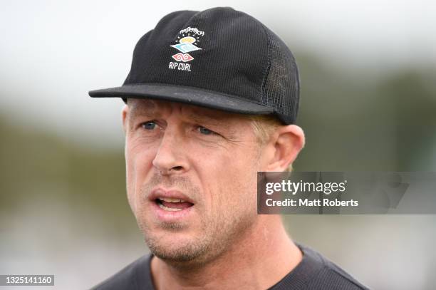 3x world surfing champion Mick Fanning speaks to media during a New South Wales Blues State of Origin training session at Ned Byrne Field on June 24,...