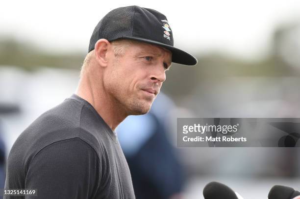 3x world surfing champion Mick Fanning speaks to media during a New South Wales Blues State of Origin training session at Ned Byrne Field on June 24,...