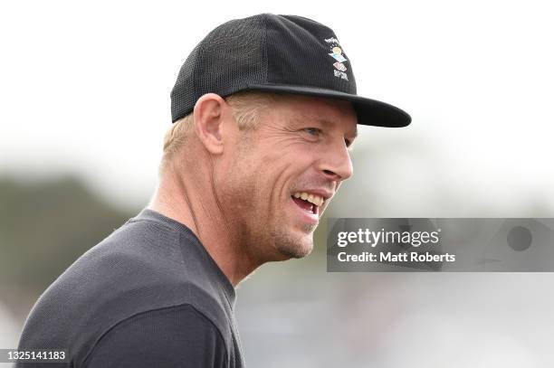 3x world surfing champion Mick Fanning speaks to media during a New South Wales Blues State of Origin training session at Ned Byrne Field on June 24,...