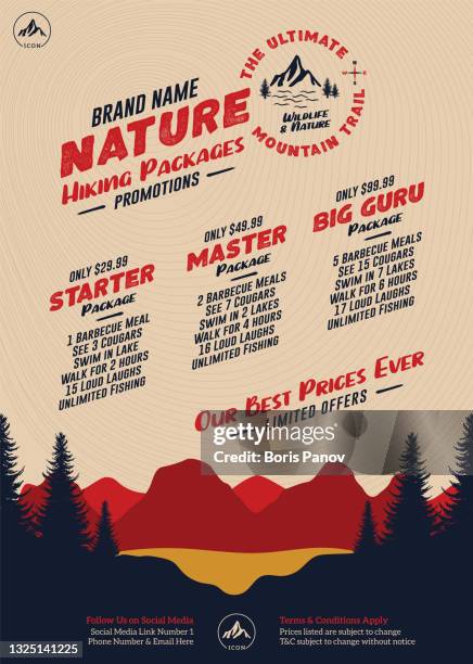 ilustrações de stock, clip art, desenhos animados e ícones de hiking packages flyer or poster with sunset nature scenery of forest trees, mountain range and lake for hike packages and pricing - flyer leaflet