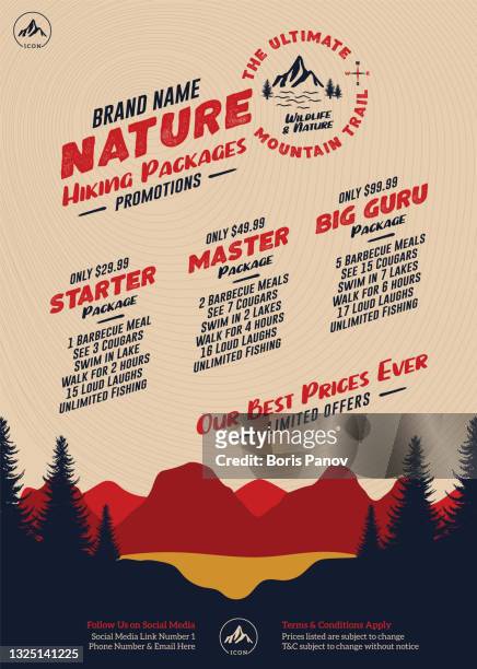 hiking packages flyer or poster with sunset nature scenery of forest trees, mountain range and lake for hike packages and pricing - flyer leaflet stock illustrations