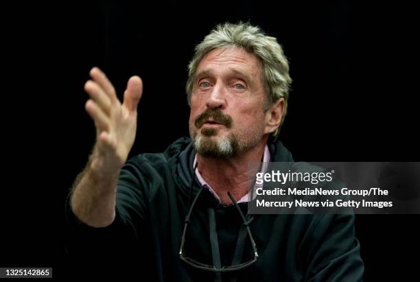 John McAfee speaks at the "Fireside Chat with John McAfee" talk during the C2SV Technology Conference + Music Festival at the McEnery Convention...
