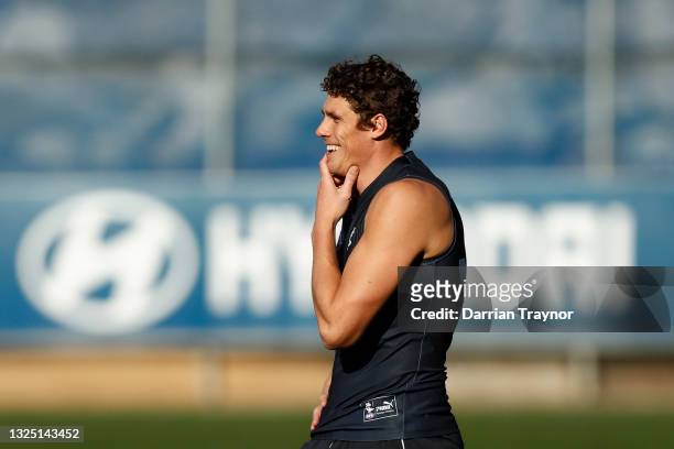 Charlie Curnow of the Blues looks oin during a Carlton Blues AFL training session at Ikon Park on June 24, 2021 in Melbourne, Australia.