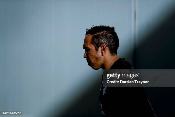 Eddie Betts of the Blues of the Blues walks out to take part in a Carlton Blues AFL training session at Ikon Park on June 24, 2021 in Melbourne,...