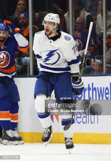 Anthony Cirelli of the Tampa Bay Lightning celebrates after scoring a goal against the New York Islanders during the second period in Game Six of the...