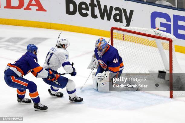 Anthony Cirelli of the Tampa Bay Lightning scores a goal past Semyon Varlamov of the New York Islanders during the second period in Game Six of the...