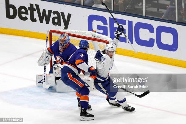 Anthony Cirelli of the Tampa Bay Lightning scores a goal past Semyon Varlamov of the New York Islanders during the second period in Game Six of the...