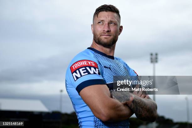 Tariq Sims poses after a New South Wales Blues State of Origin training session at Ned Byrne Field on June 24, 2021 in Gold Coast, Australia.
