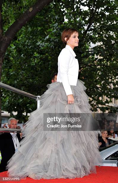 Actress Emma Watson attends the ""Harry Potter And The Deathly Hallows Part 2"" world premiere at Trafalgar Square on July 7, 2011 in London, England.