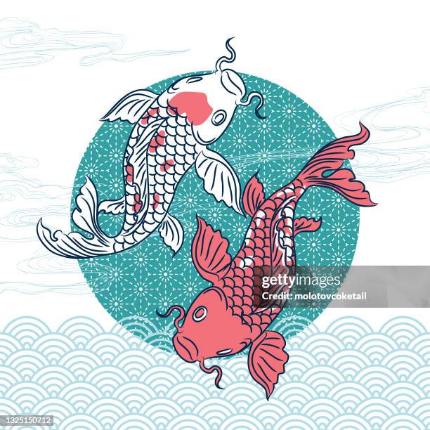 oriental koi on a geometry background - chinese art stock illustrations