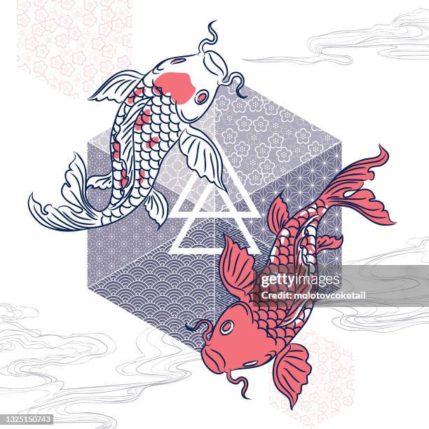 bildbanksillustrationer, clip art samt tecknat material och ikoner med oriental koi on a geometry background - koi carp