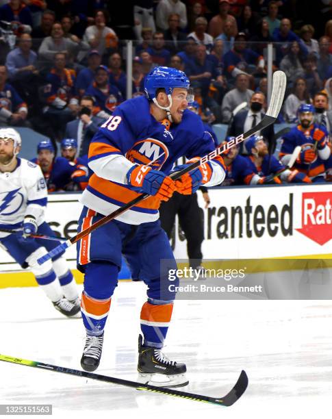 Anthony Beauvillier of the New York Islanders celebrates after scoring the game-winning goal during the first overtime period against the Tampa Bay...