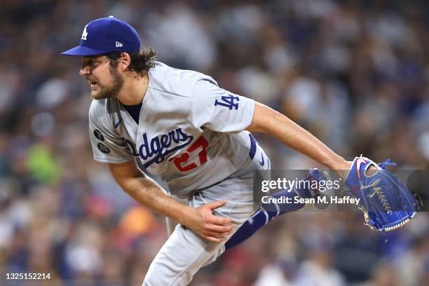 Trevor Bauer of the Los Angeles Dodgers pitches during the third inning of a game against the San Diego Padres at PETCO Park on June 23, 2021 in San...