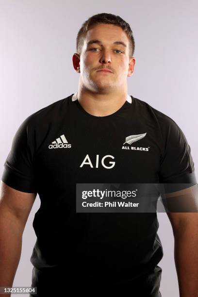 Ethan de Groot poses during the New Zealand All Blacks team headshots session at the Heritage on June 23, 2021 in Auckland, New Zealand.